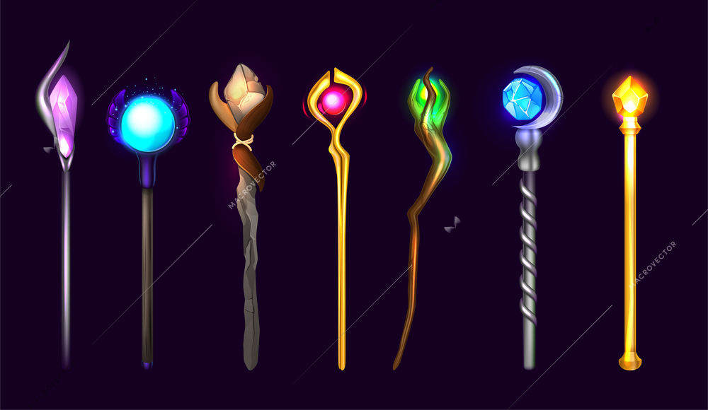 Collection of glowing magic wands of various shapes with jewel tip realistic at black background isolated vector illustration