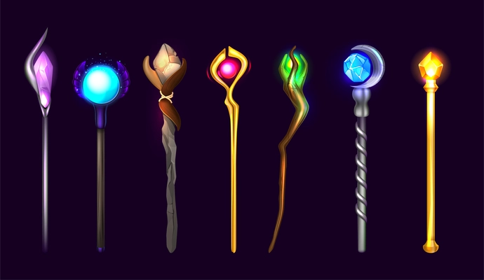 Collection of glowing magic wands of various shapes with jewel tip realistic at black background isolated vector illustration