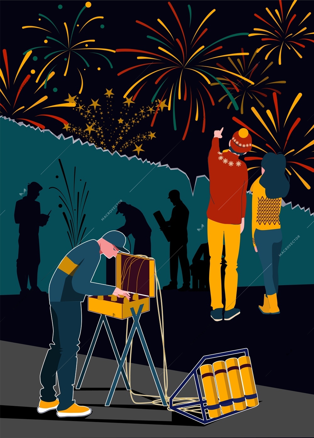 Pyrotechnics fireworks launch flat collage composition man controls the special device that sets off fireworks that the couple looks at vector illustration