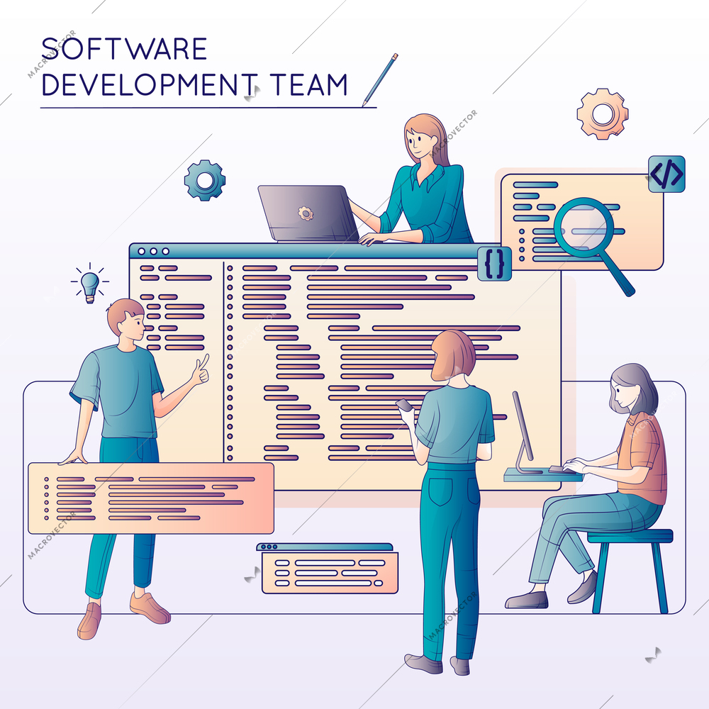 Software development flat line composition with doodle human characters computer windows lines of code and gears vector illustration