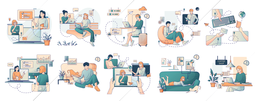 Remote management distant work flat line set with compositions of workplaces gadgets and freelance workers characters vector illustration