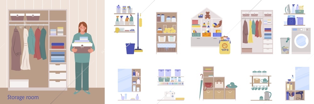 Flat composition set of various storage rooms interior elements isolated vector illustration