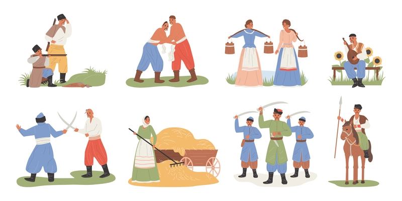 Cossack people flat icons set with men and women in traditional ukranian costumes isolated vector illustration