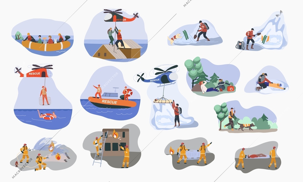 Rescuer icons set with accident symbols flat isolated vector illustration