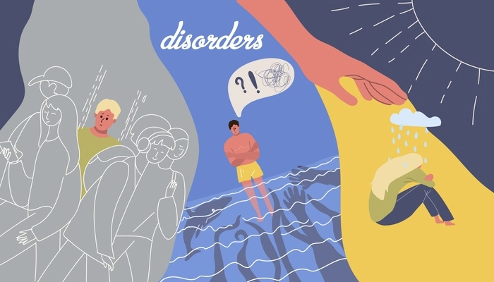 Mental disorders composition with collage of flat icons doodle characters of people outline images and text vector illustration