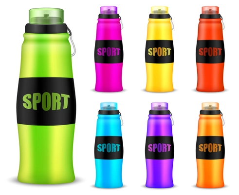 Sport water bottle mockup realistic set of colorful reusable bike flasks  isolated vector illustration