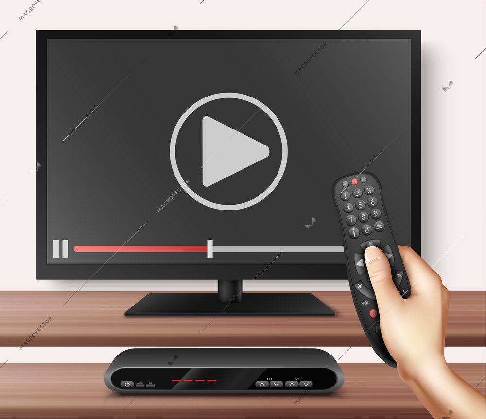 Modern television technology realistic background with smart TV  and remote controller in human hand stopping video transmission vector illustration