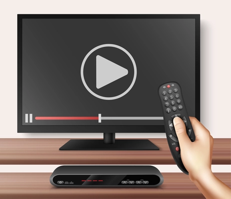 Modern television technology realistic background with smart TV  and remote controller in human hand stopping video transmission vector illustration