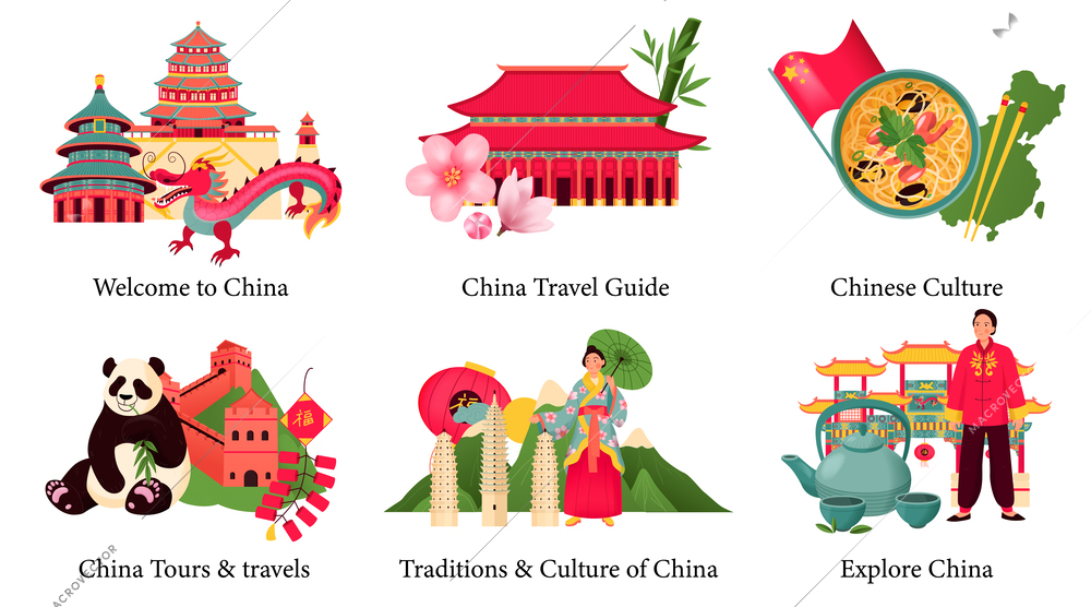 China flat composition set with chinese landmarks and culture symbols isolated vector illustration