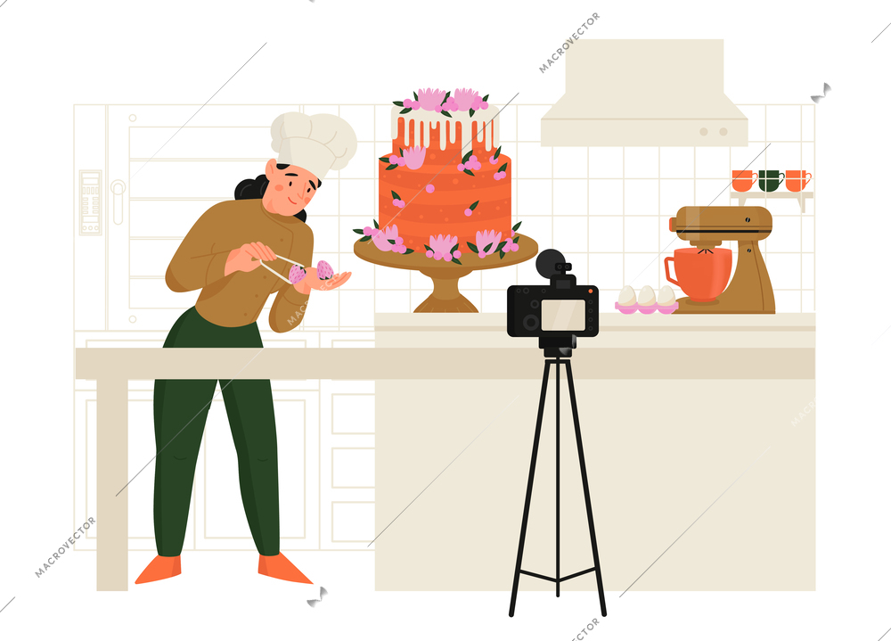 Confectioner handmade cake blogger composition with kitchen scenery and cartoon woman making cake recording with camera vector illustration