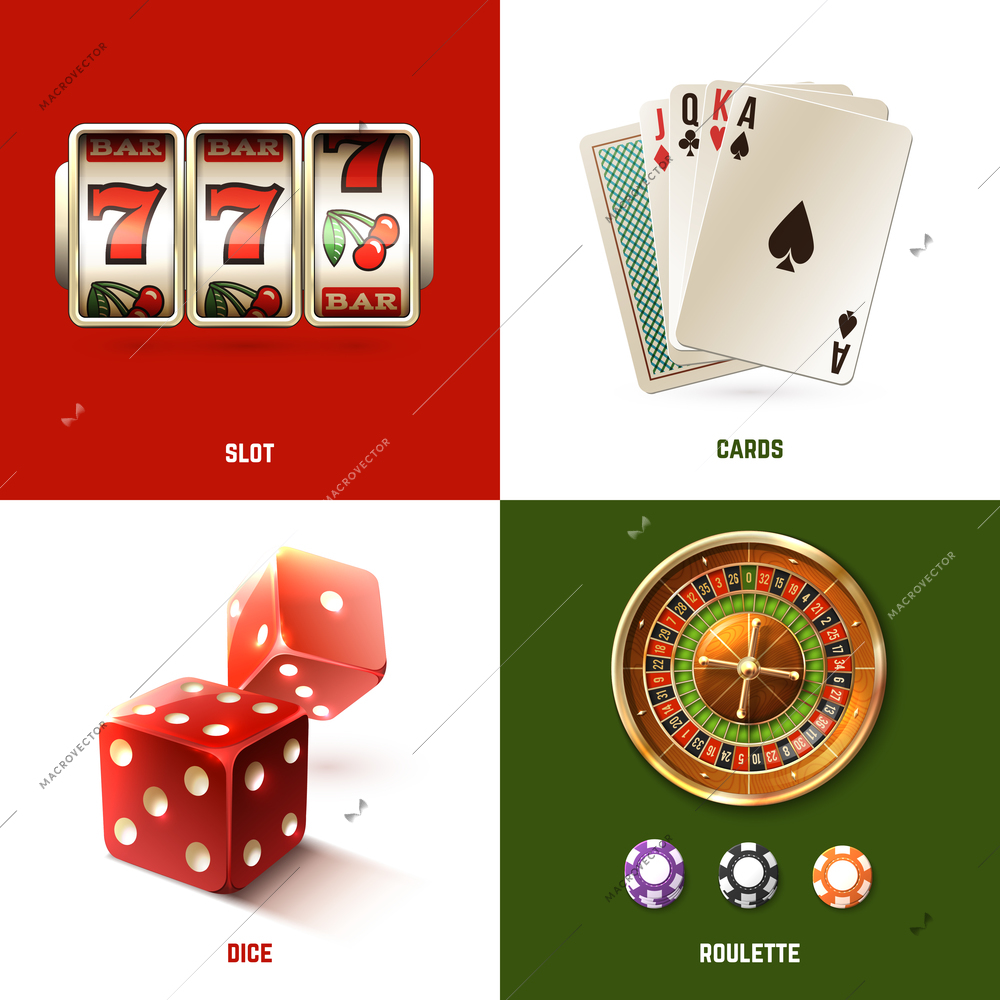 Casino design concept set with realistic slot cards dice and roulette isolated vector illustration