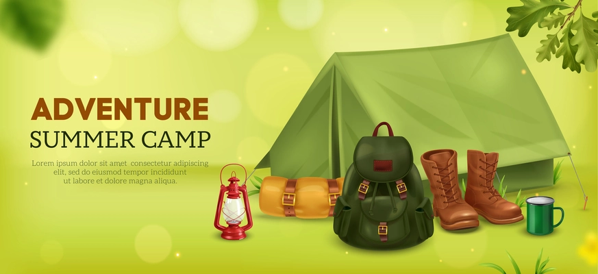 Realistic vintage camping horizontal poster with editable text and tent with backpack mat shoes and lamp vector illustration
