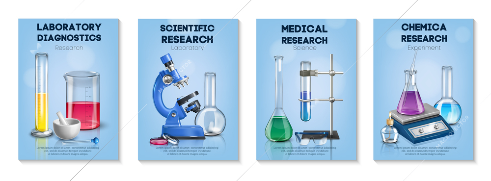 Realistic laboratory set of vertical posters with editable text and compositions of lab equipment for research vector illustration