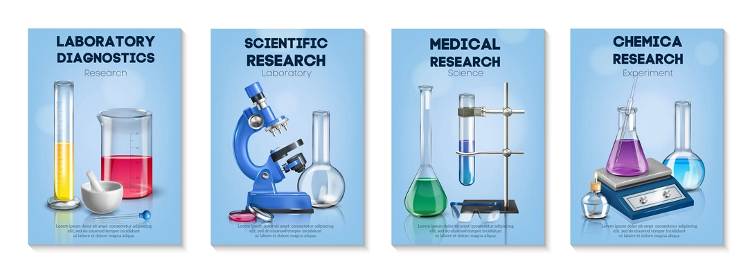 Realistic laboratory set of vertical posters with editable text and compositions of lab equipment for research vector illustration