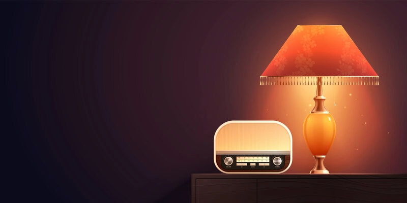 Retro vintage electronics gadgets realistic composition with night indoor scenery and radio receiver with bedside lamp vector illustration