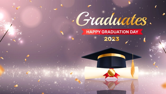 Graduation background realistic composition with shiny particles firework sparklers and ornate text ribbon with academic hat vector illustration