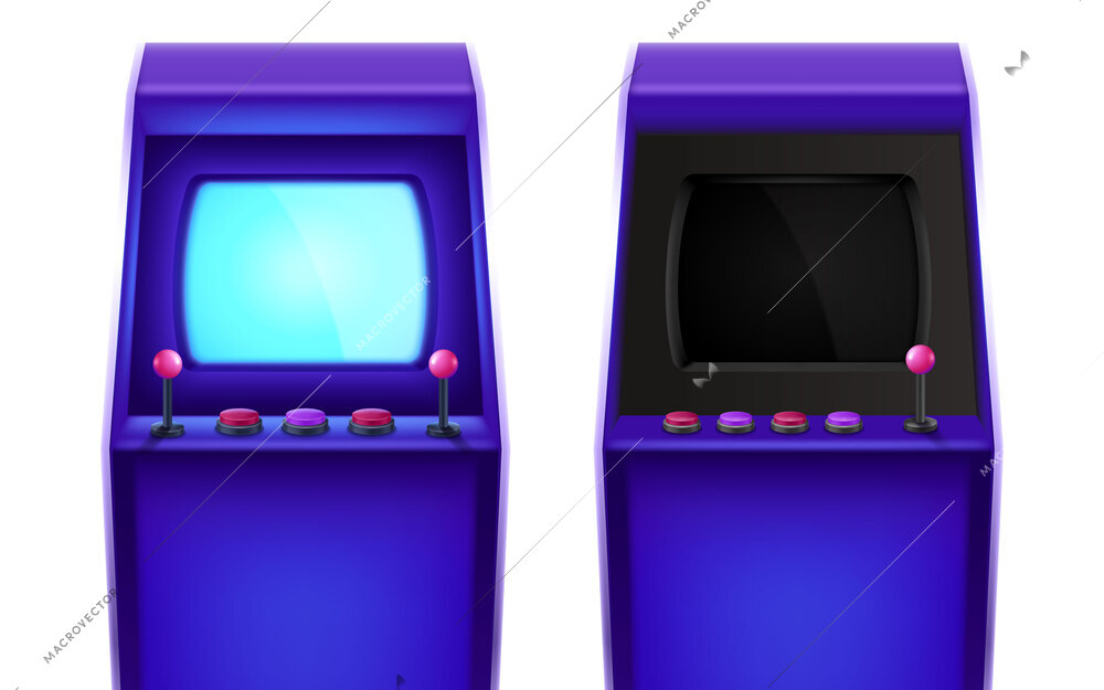 Retro vintage arcade game screen realistic composition with isolated views of amusement machine turned on off vector illustration