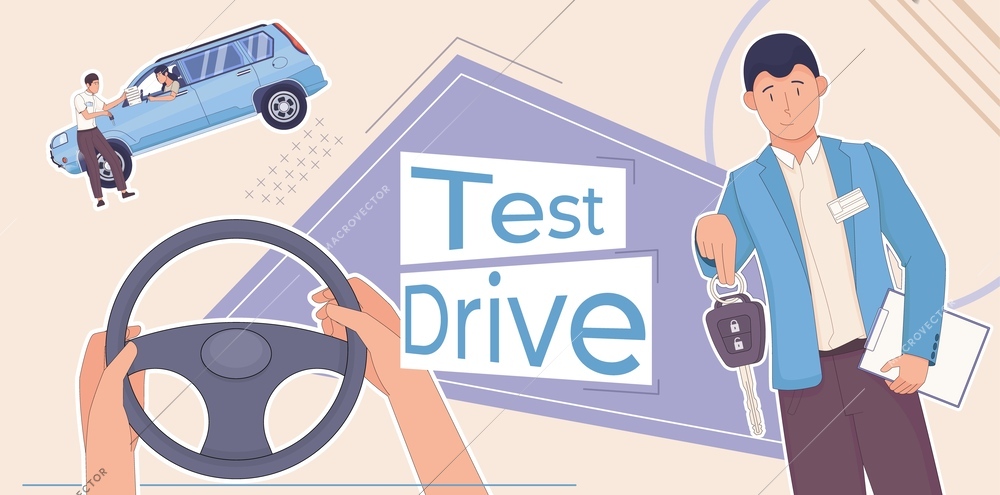Test drive car composition with collage of flat icons with steering wheel and automobile showroom worker vector illustration