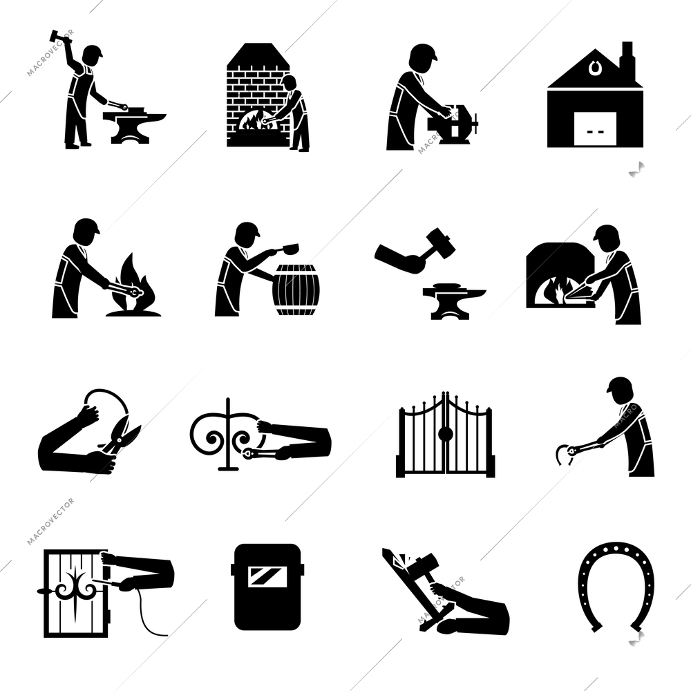 Blacksmith icons black set with man welding molding forging bending metal isolated vector illustration