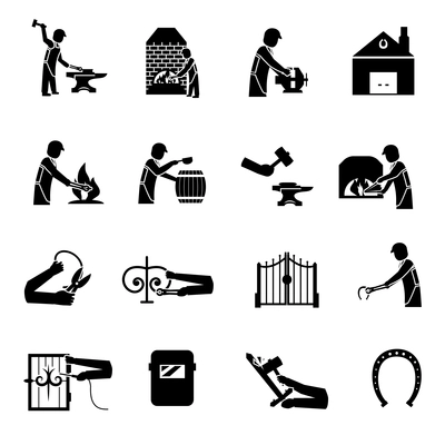 Blacksmith icons black set with man welding molding forging bending metal isolated vector illustration