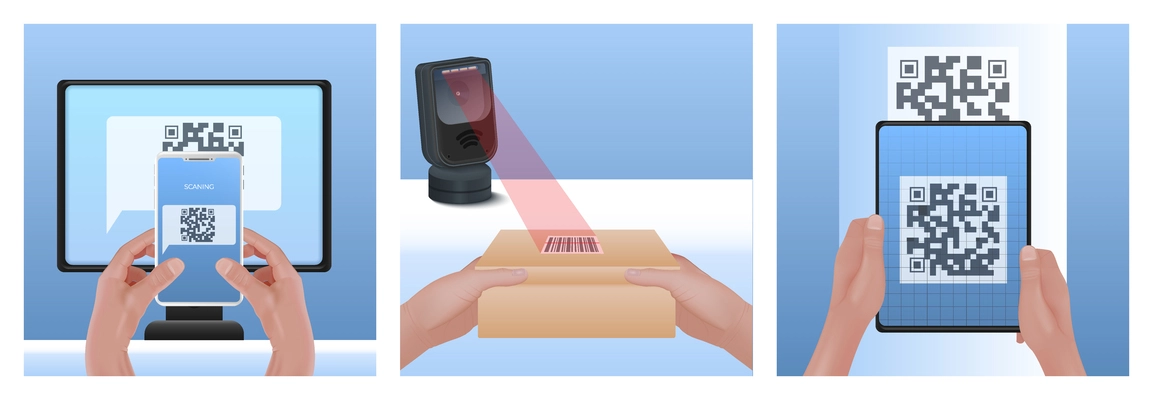 Scan codes set of three square compositions with realistic images of human hands codes and scanners vector illustration