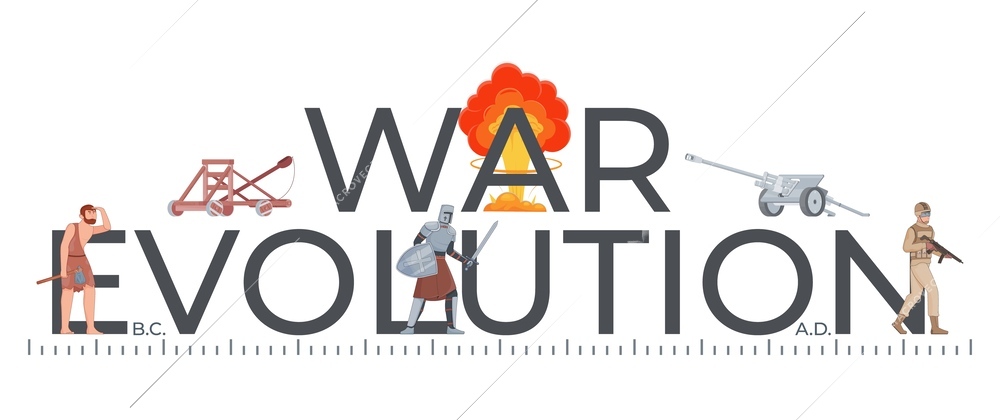 War evolution history composition with flat text and horizontal timeline from ancient hunt to modern warfare vector illustration