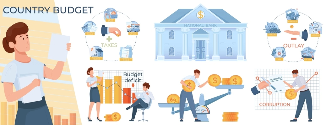Budget country government flat composition with female character holding papers and set of isolated financial icons vector illustration