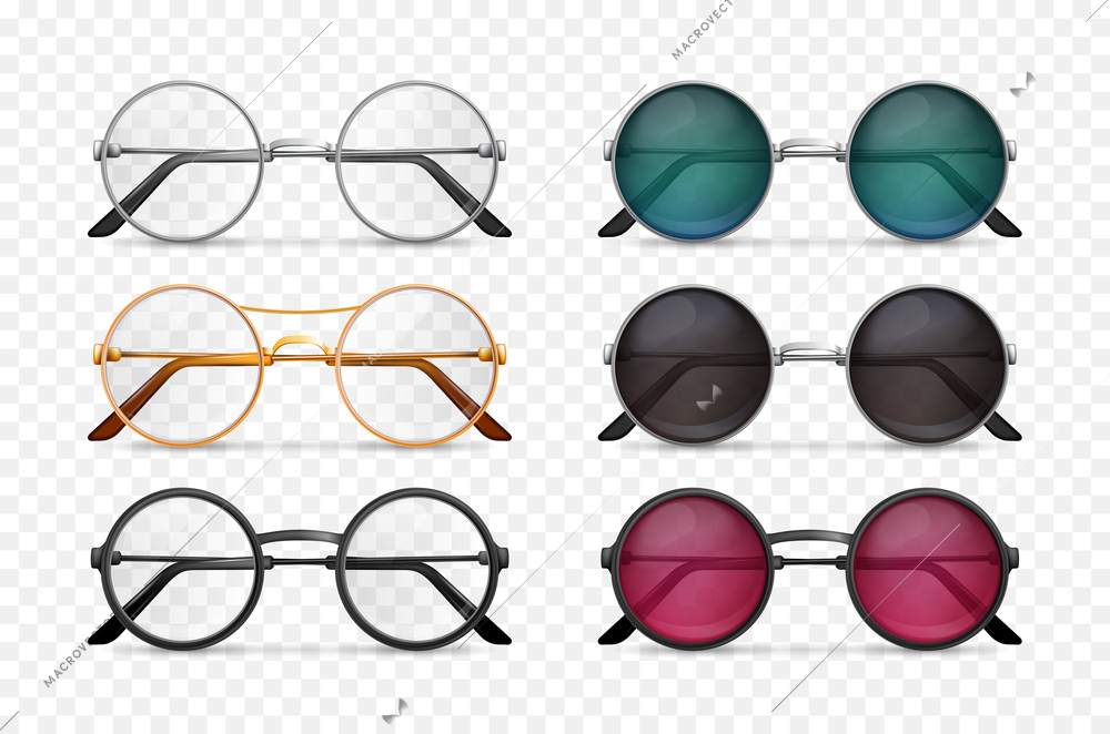 Modern round glasses with classic and colorful lenses realistic set on transparent background isolated vector illustration
