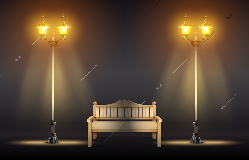 Realistic lanterns on lampposts glowing in darkness near wooden bench vector illustration