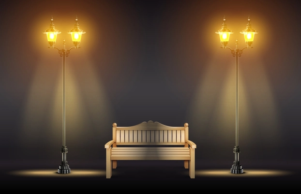 Realistic lanterns on lampposts glowing in darkness near wooden bench vector illustration