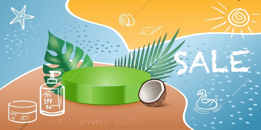 Podium composition with collage of realistic pedestal tropical leaves and coconut with outline cosmetic product icons vector illustration