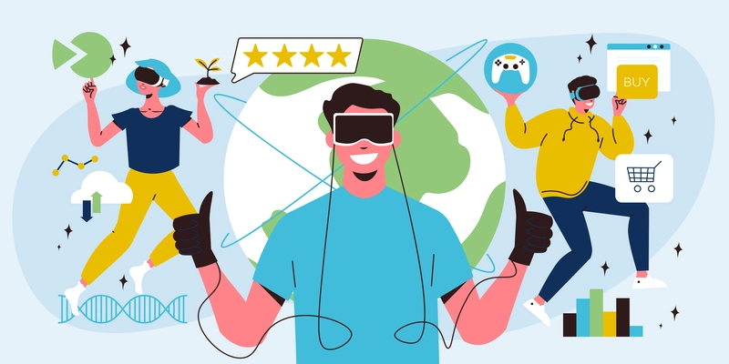 Vr flat concept with people wearing augmented reality headsets vector illustration