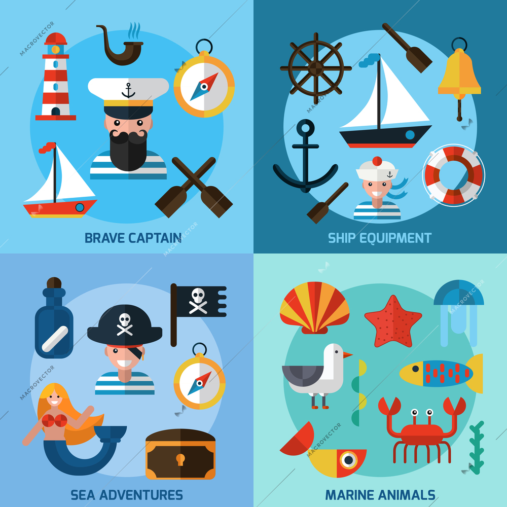 Nautical design concept set with captain ship equipment marine animals flat icons isolated vector illustration
