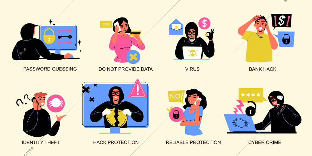 Cyber crime flat icons set with private data stealing isolated vector illustration