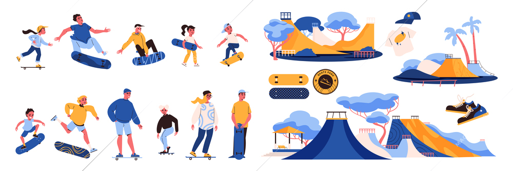 Skater icons set with skates and longboards isolated vector illustration