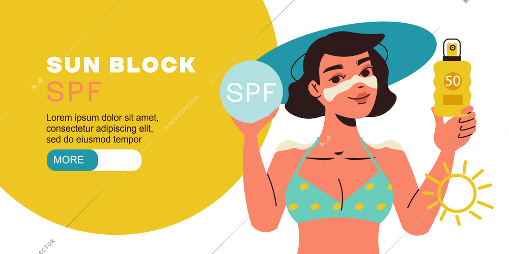 Sunblock flat banner with woman holding sunscreen product vector illustration