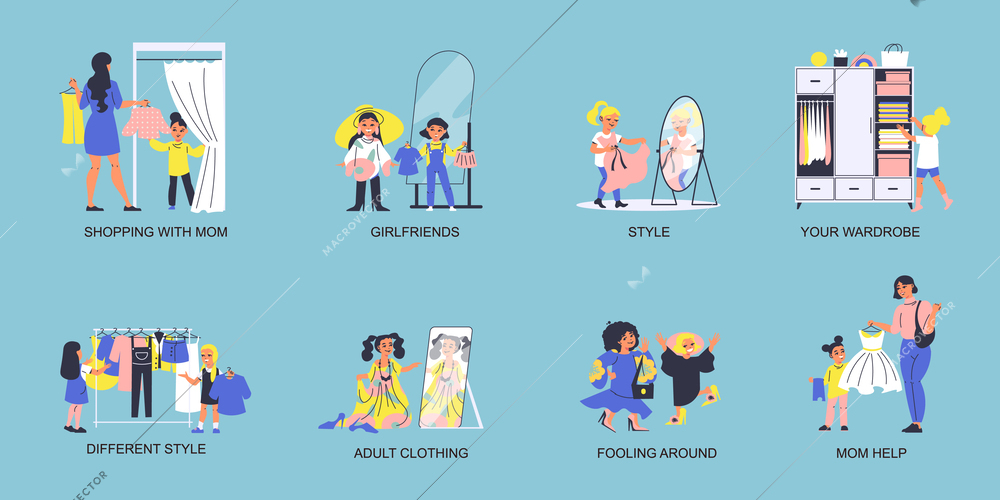 Kids dress up flat composition set with children in adult clothing isolated vector illustration