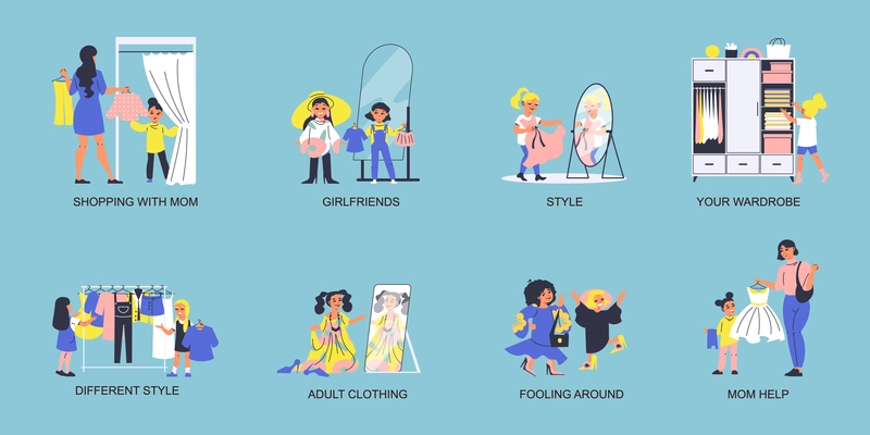 Kids dress up flat composition set with children in adult clothing isolated vector illustration