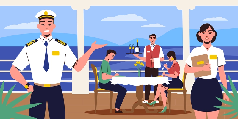 Ship crew flat composition with captain and passengers on deck vector illustration