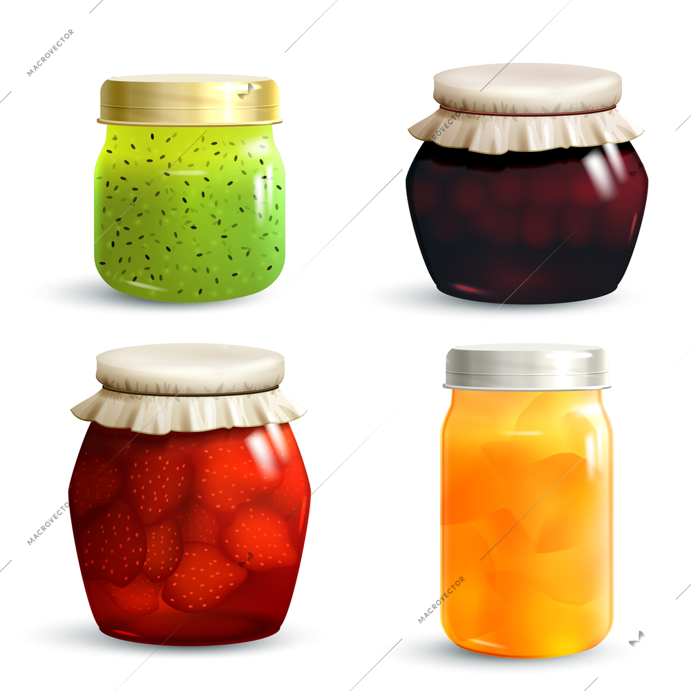 Natural fruit jam preserves jar set with realistic kiwi cherry strawberry and peach marmalade isolated vector illustration