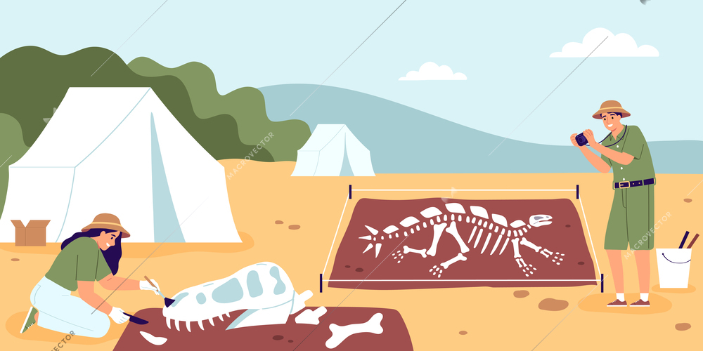 Archaeology and geology background with dinosaur symbols flat vector illustration