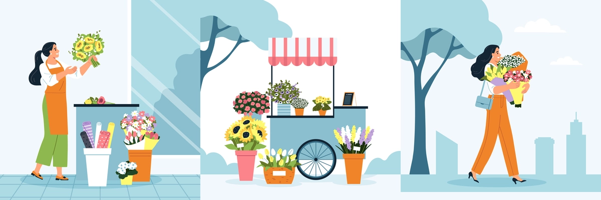 Flower shop composition set with gardening symbols flat isolated vector illustration