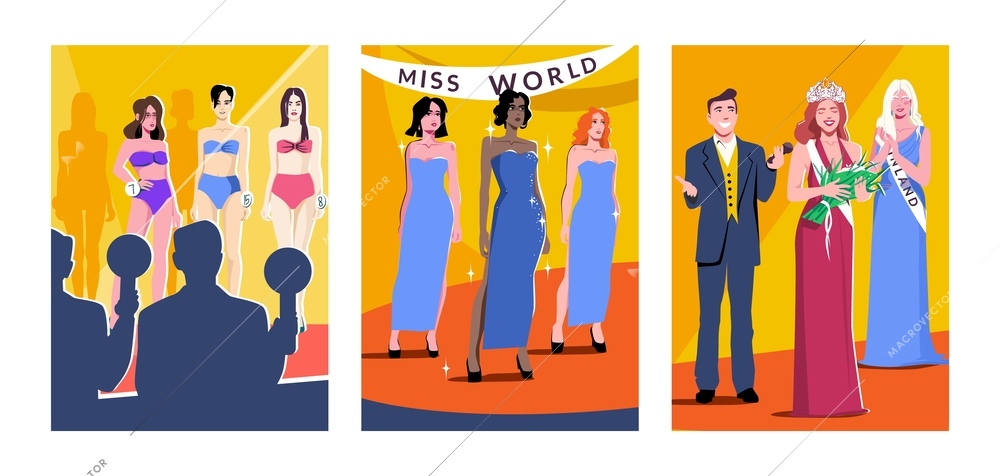 Three beauty contest flat icon set with three beautiful miss world contestants perform in swimsuits dresses and one of them is awarded vector illustration