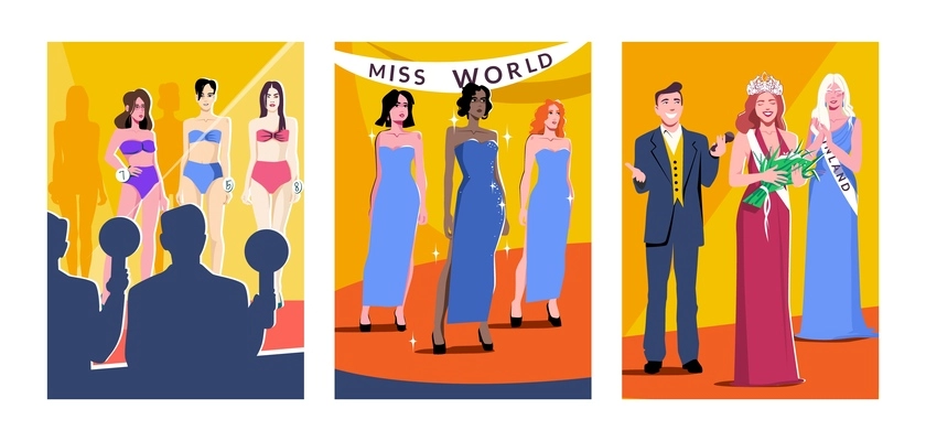 Three beauty contest flat icon set with three beautiful miss world contestants perform in swimsuits dresses and one of them is awarded vector illustration