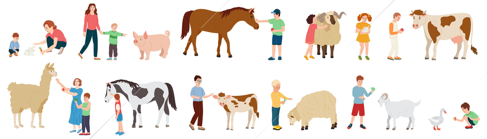 Contact farm flat icons set of people spending time in animal petting park on weekend leisure isolated vector illustration