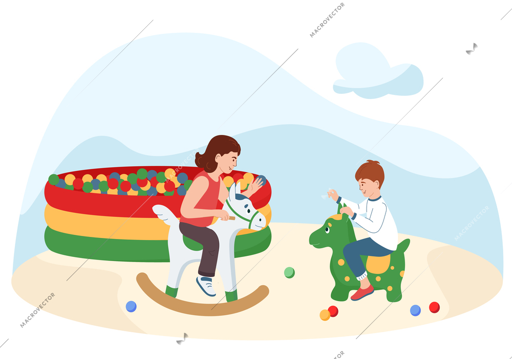 Happy children in play room with toys and pool with plastic balls flat background cartoon vector illustration