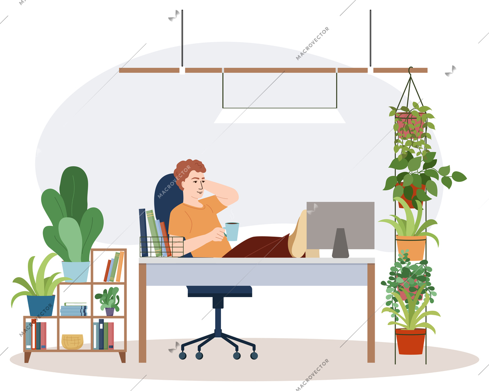 Freelancer flat composition with young man drinking coffee at his workplace in relaxing pose surrounded by domestic plants vector illustration
