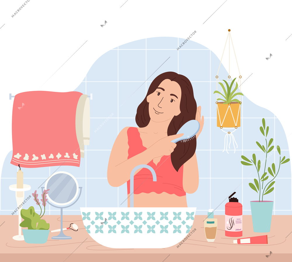 Daily morning routine flat composition with cute girl standing in front of bathroom mirror combing hair cartoon vector illustration