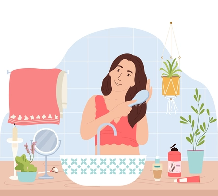 Daily morning routine flat composition with cute girl standing in front of bathroom mirror combing hair cartoon vector illustration