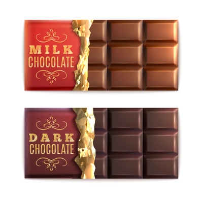 Milk and dark chocolate bars half covered with foil isolated vector illustration